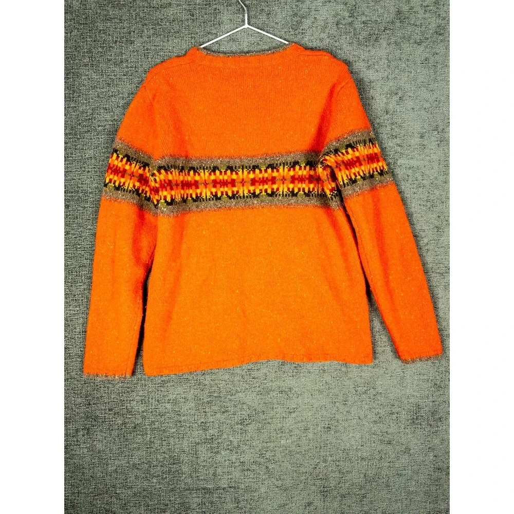 VTG‎ Eddie Bauer Sweater Womens M V Neck Orange Lambswool Aztec Southwestern